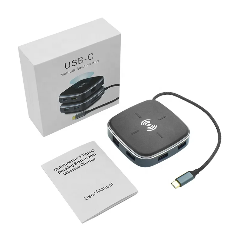 USB C Hub многофункциональная док-станция 9 в 1 с 10 Вт беспроводным зарядным устройством RJ45 + HDMI 4K 3xUSB3.0 PD SD/TF