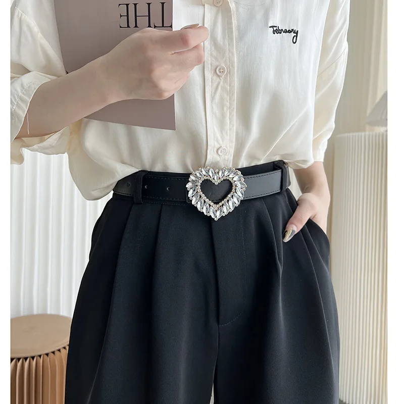 Rhinestone  Belt Bling Heart  Buckle Leather  Belt for Women Ladies Belts for Jeans Pants