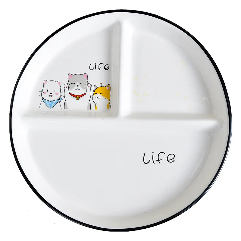 Plate Ceramic  Creative Three- grid Dividing Plate Cute Cartoon Round Home Breakfast Snack Plate