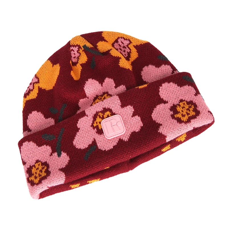 Sewingman 23SM4027 Custom Flower Jacquard Winter Knit Beanie hats with Cuff