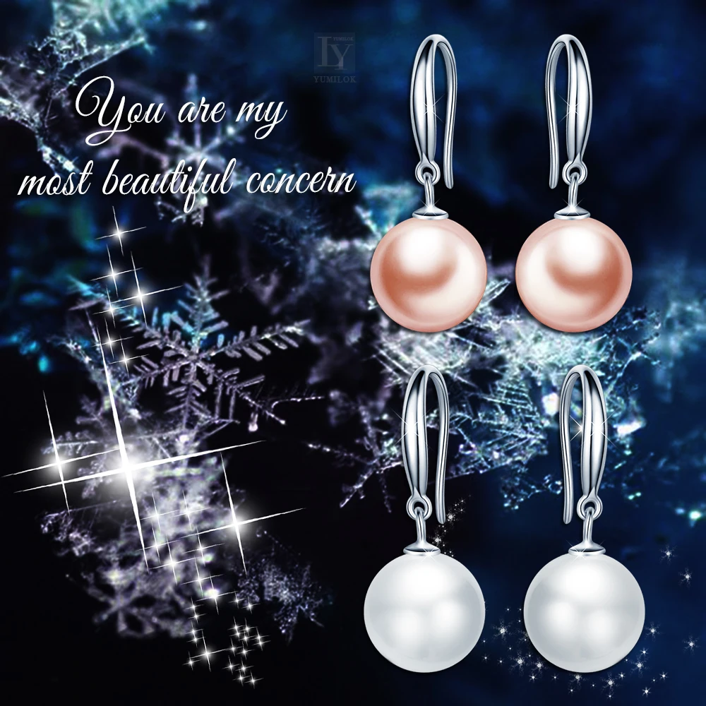 Pink White fine 10mm freshwater pearl Round shellfish Hanging 925 sterling Silver Women Hoop earrings
