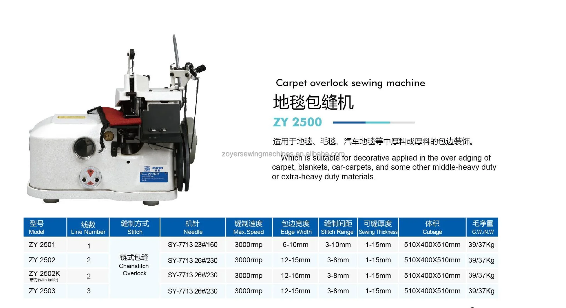 ZOYER ZY2502K Industrial Heavy Duty Carpet Chainstitch Overlock Sewing Machine for blanket with knife