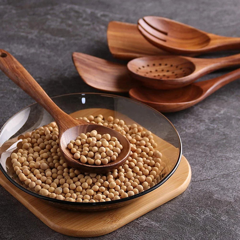 High Quality Custom logo Nonstick Kitchen Long Handle Teak Wooden Spoons for Cooking