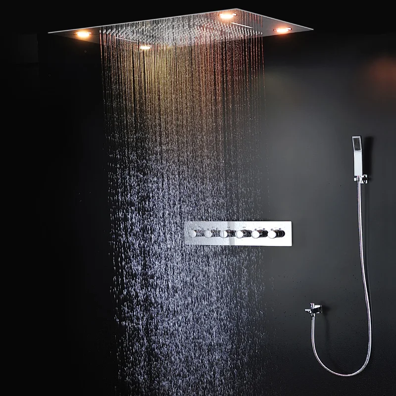 High Quality 24Inch LED Shower Set 5 Function Big Rain Shower Head Thermostatic Mixer Waterfall Mist Ceiling Panel Mirror Faucet