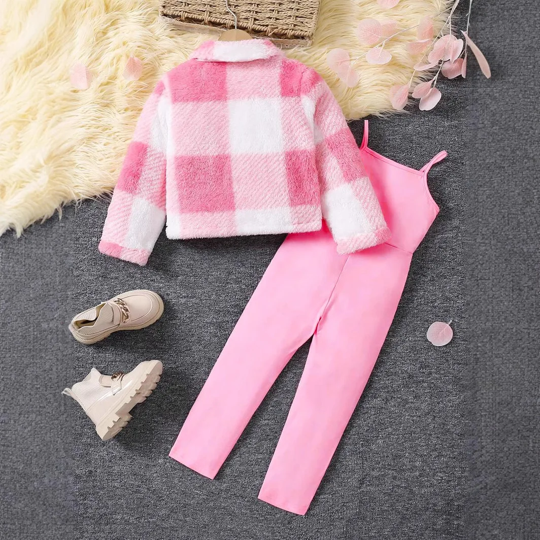 Autumn Winter New Toddler Kids Clothes Thick Girls Lapel Plaid Long-sleeved Coat Suspender One-piece Trousers Wholesale