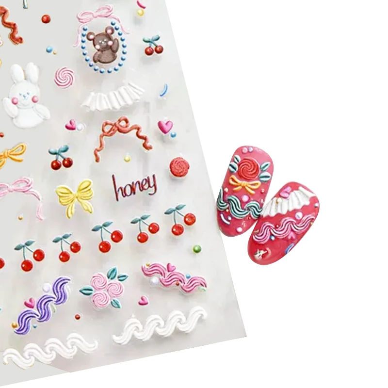 Cute Cartoon Nail Art Stickers Rainbow White Cloud Bear 5D Self-Adhesive Nail Decals Rabbit Panda Craft Design Nail Accessories