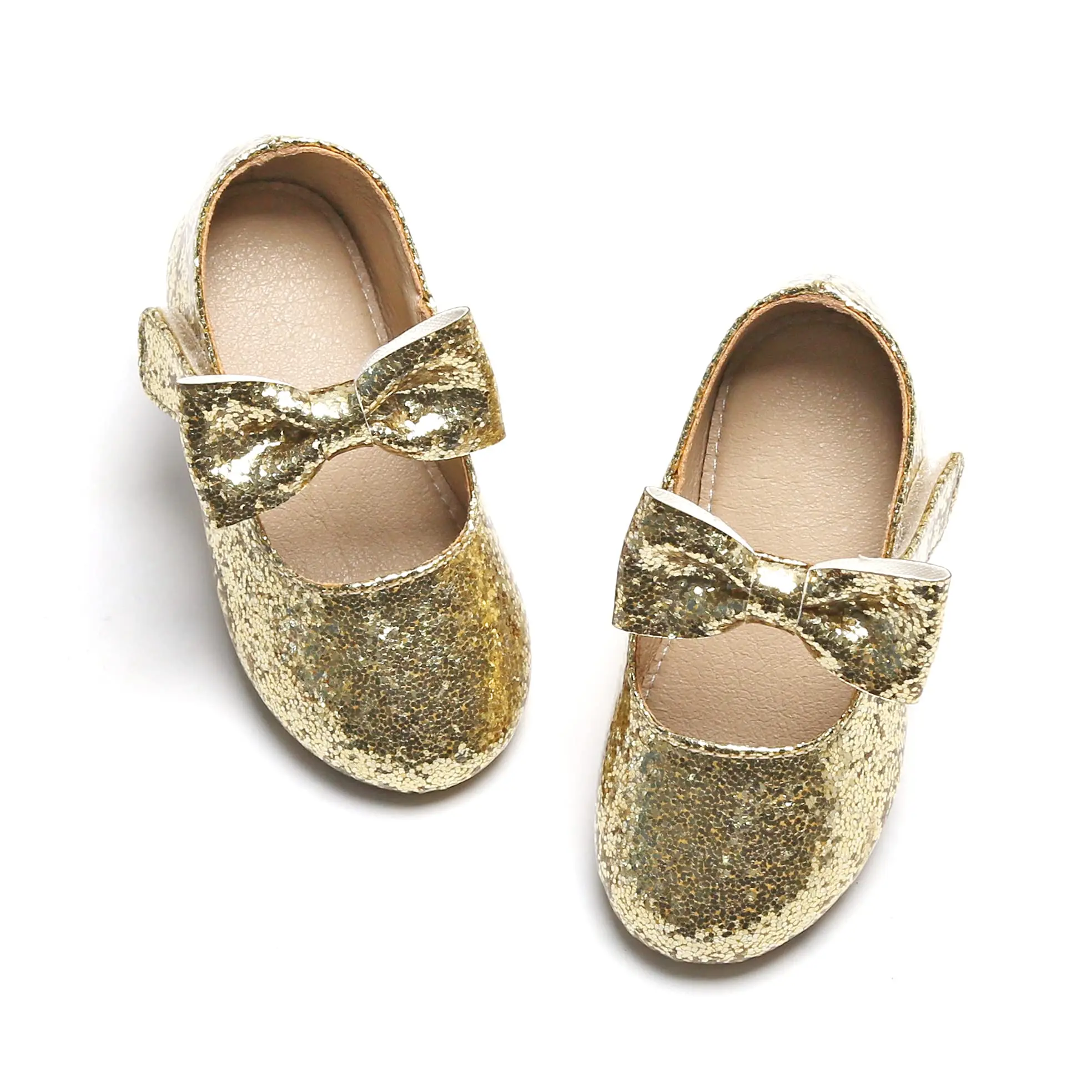 T Strap Gold PU Bow Party School Wedding Mary Jane Custom Girls Flats Dress Shoes