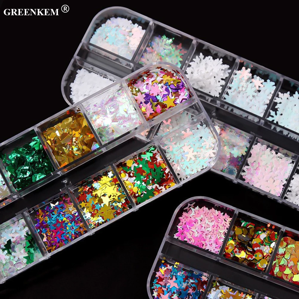 Wholesale Christmas 12 Grids/box Sequins Mixed Color Sparkle Nail Glitter Winter Snowflake Nail Art Sequins Decoration