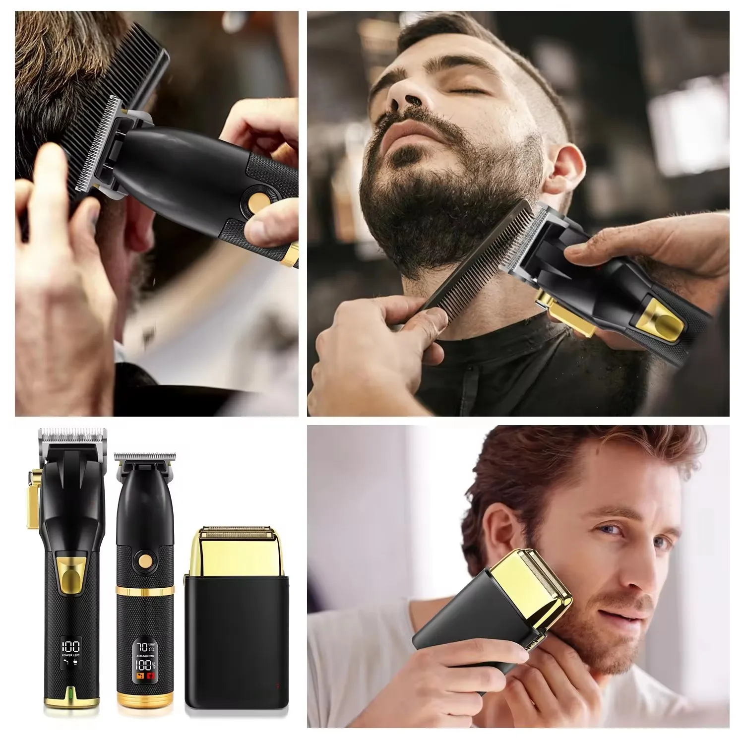 Multi Pro Black Gold Three Piece Set Electric Hair Clippers Rechargeable Shaver Low Noise for Men Cordless Customized Logo