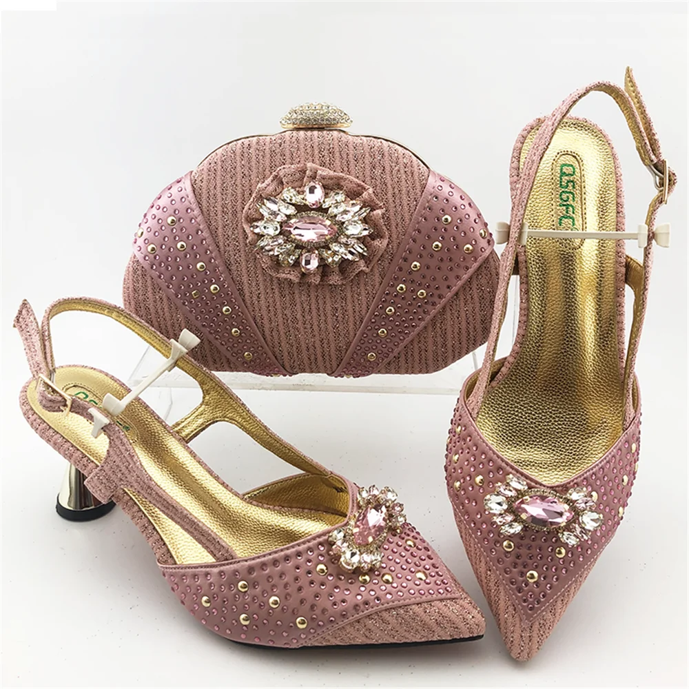 Italian style ladies party shoes with matching bags set flat heel platform shoes decorated with stones  EF39