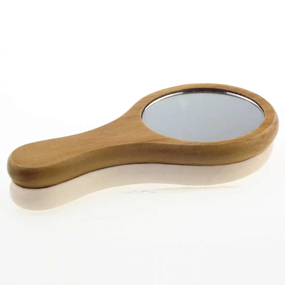 Handmade Portable Handle Round Cosmetic Mirror with Single Handle Personal Vanity Cosmetic Wooden Handheld Mirror