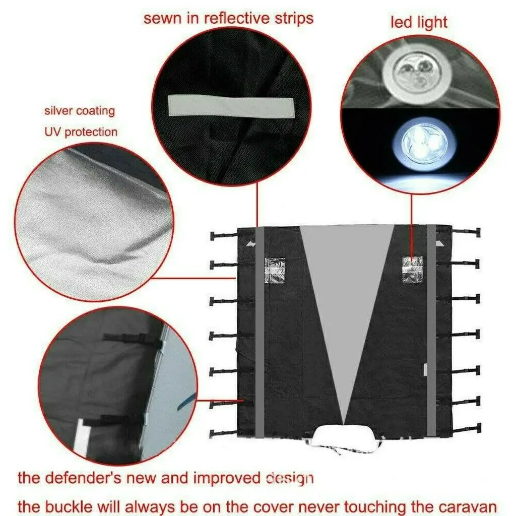 Universal Caravan Cover Protector Grey+Black Front Towing Shield Guard LED Light