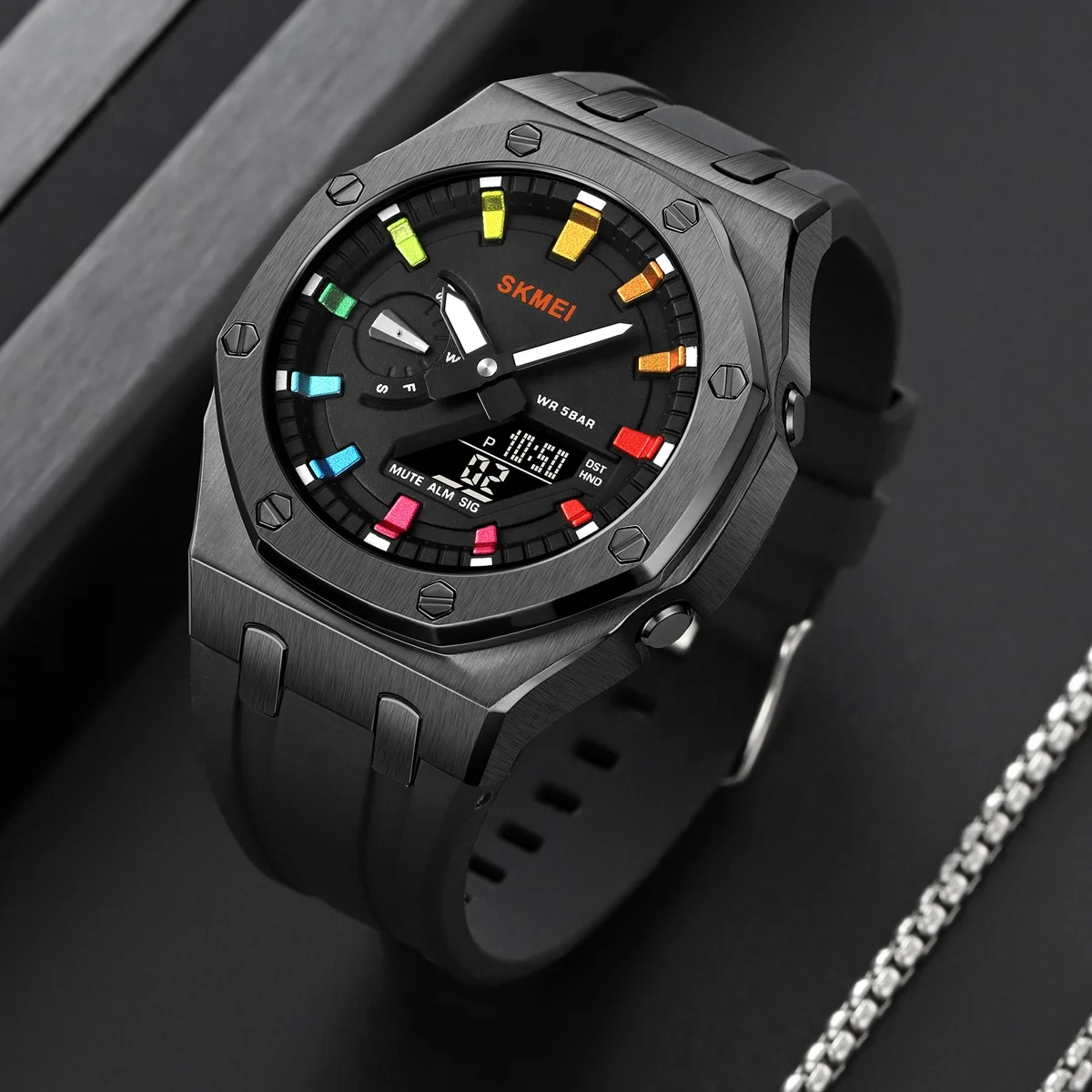 Skmei 2243 Sport Analog Quartz Watch for Men Waterproof Alloy Dual Display New Style Round Case Silver Band with Alarm Feature
