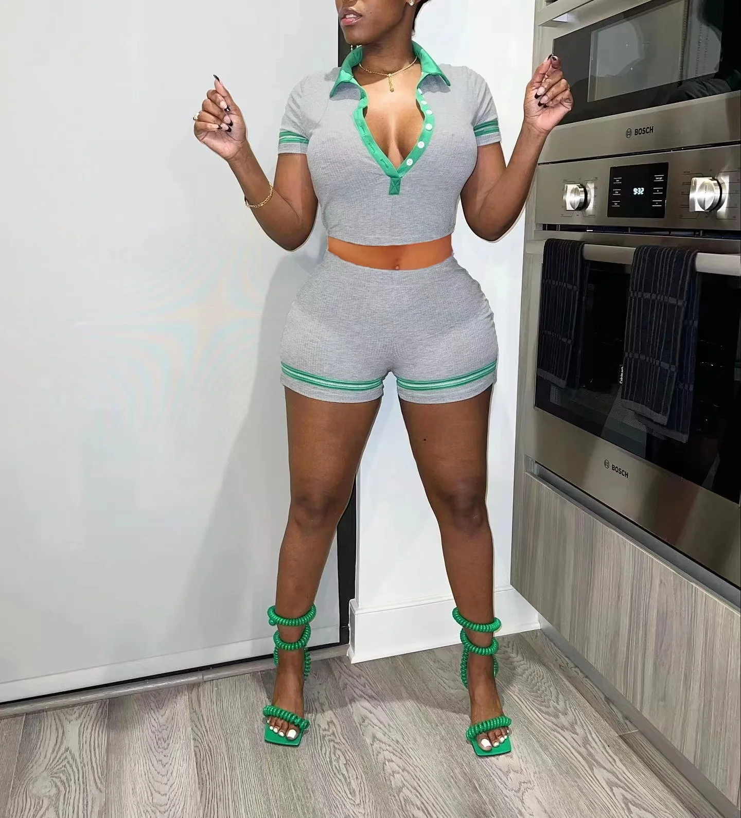 Hot Sale Ribbed Button Splice Polo Collar Short Sleeve Crop Tops And Slim Shorts Women Summer Casual Two Piece Sets