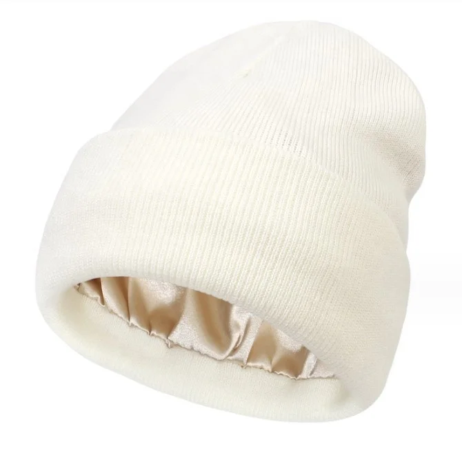 2023 Custom warm knitted silk lined beanie hat Low MOQ Y2K multiple colour Warm jacquard custom satin beanie