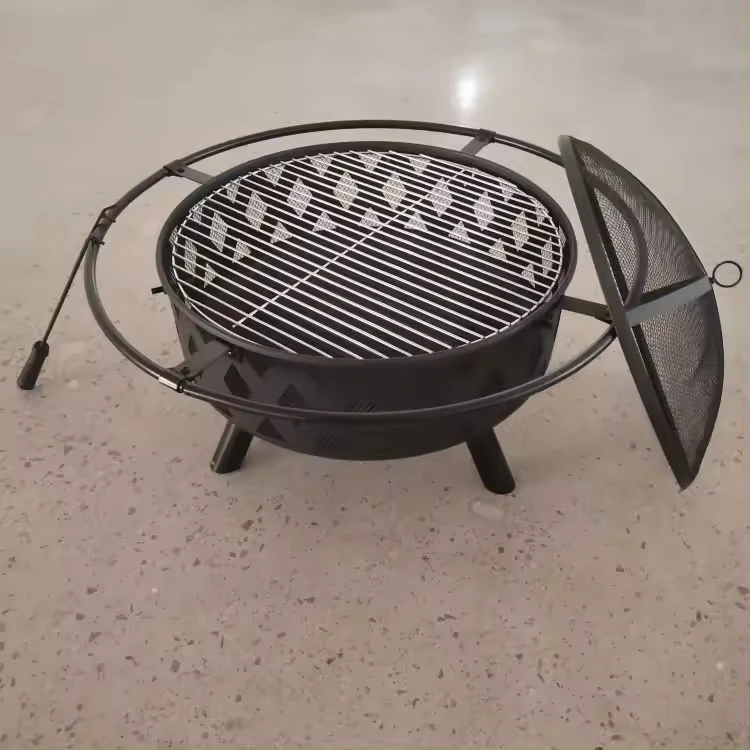 Charcoal wood burning fire pit bonfire fireplace outdoor courtyard garden backyard black metal round barbecue grill