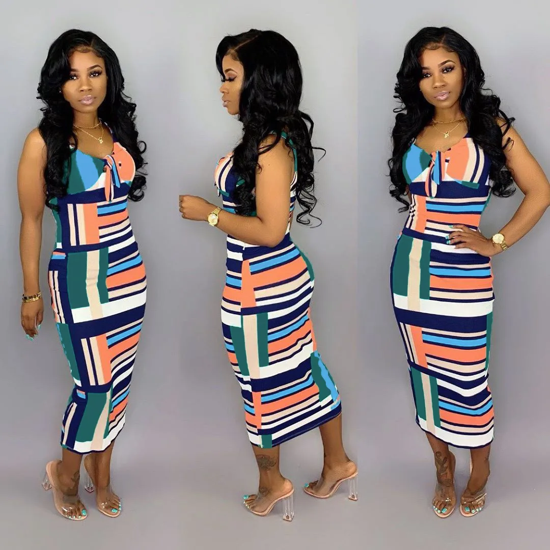 2022 Spring Women Dresses Suspender Skirt Maxi Dress Summer Casual Sleeveless Camisole Pencil Bodycon Stripe Long Midi Dress