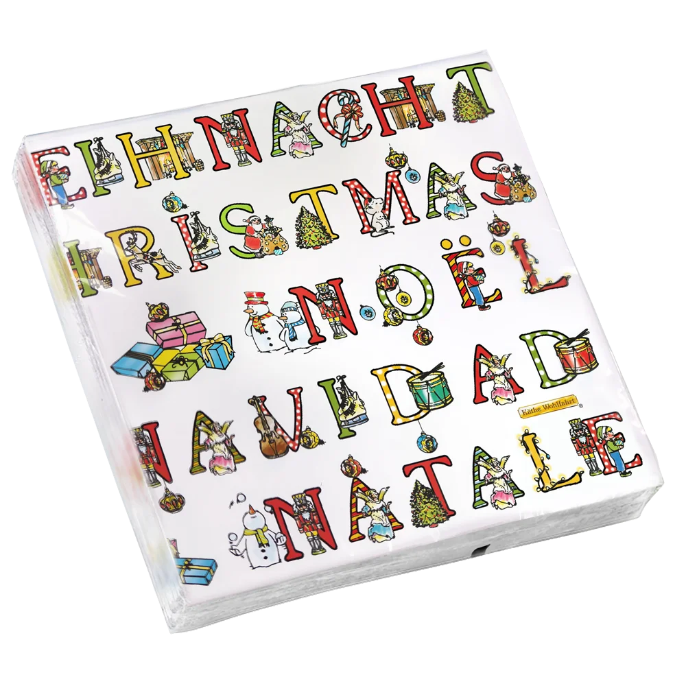 Custom Printed Fancy Christmas Tree Foil Disposable Paper Napkins Serviettes 2-3ply Paper Napkin Unbleached Wood Pulp