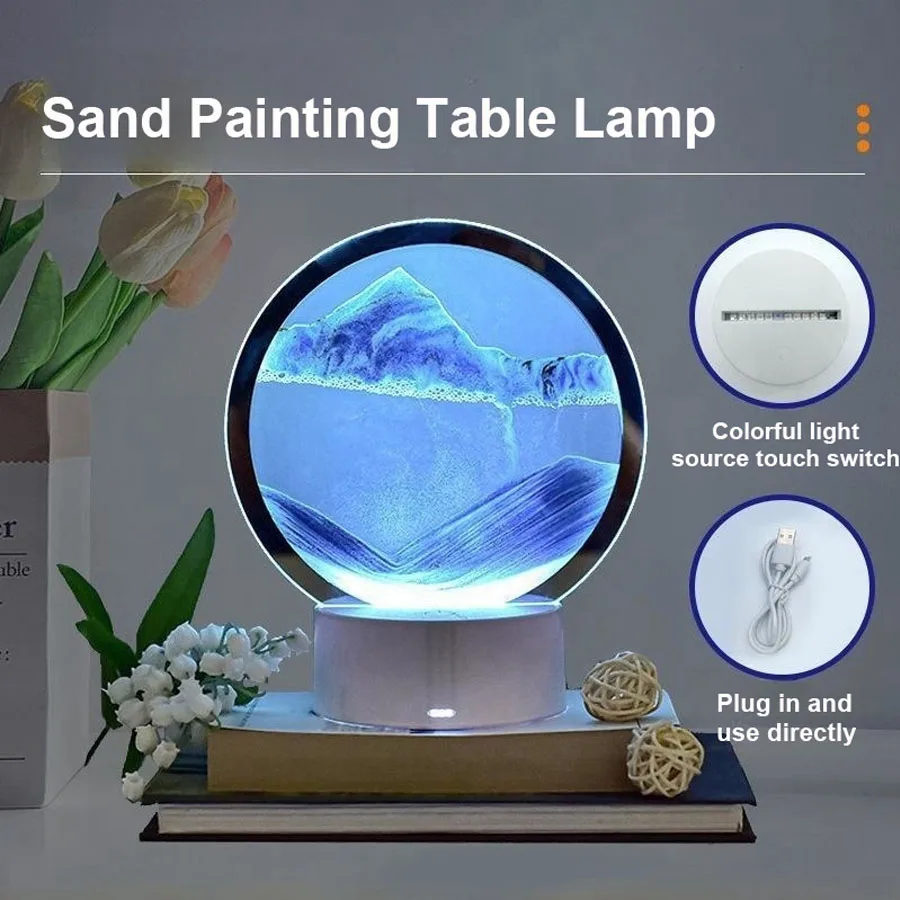 Led Quicksand Painting Table Lamp Art Bedside Night Light Round Sand Dynamic Glass Hourglass Table Lamp
