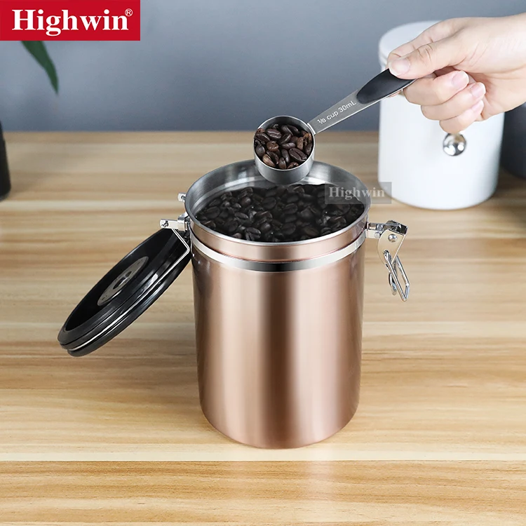 HIGHWIN Bronze Painting Airtight Stainless Steel Coffee Canister with Built-in CO2 Valve and Spoon