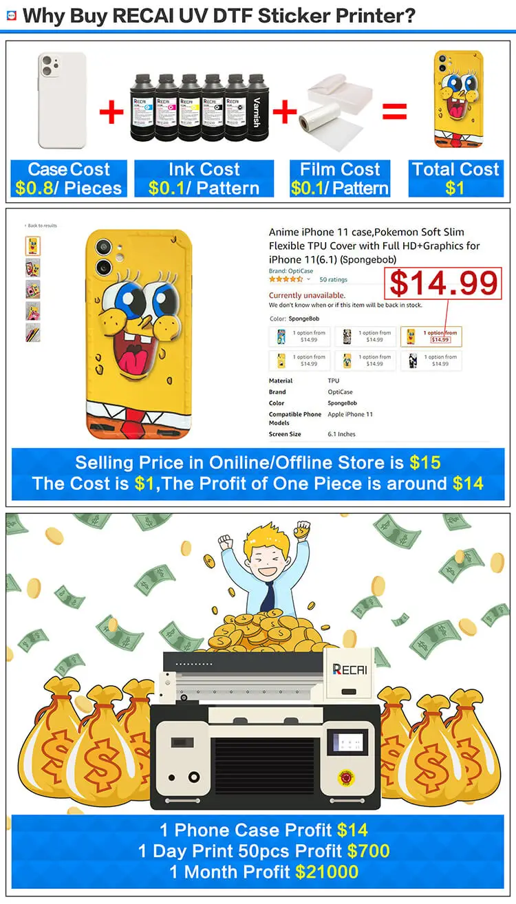 A3 Size RECAI New Product UV DTF Sticker Printer Flatbed Printer with DX8 Heads for Epson