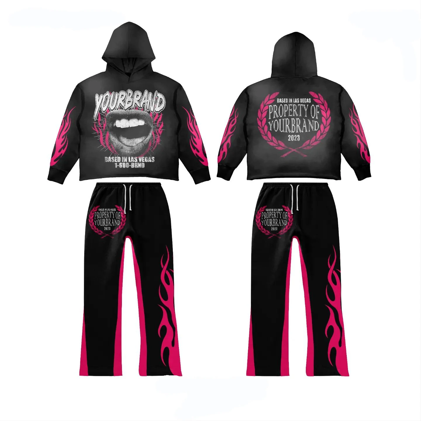 Custom Your Brand Acid Wash Streetwear Premium Print Black Distressed Flare Sweatpants And Hoodie Set Unisex