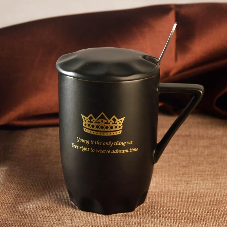 Ceramic black coffee cup porcelain coffee mug with lid and spoon for Valentine gift
