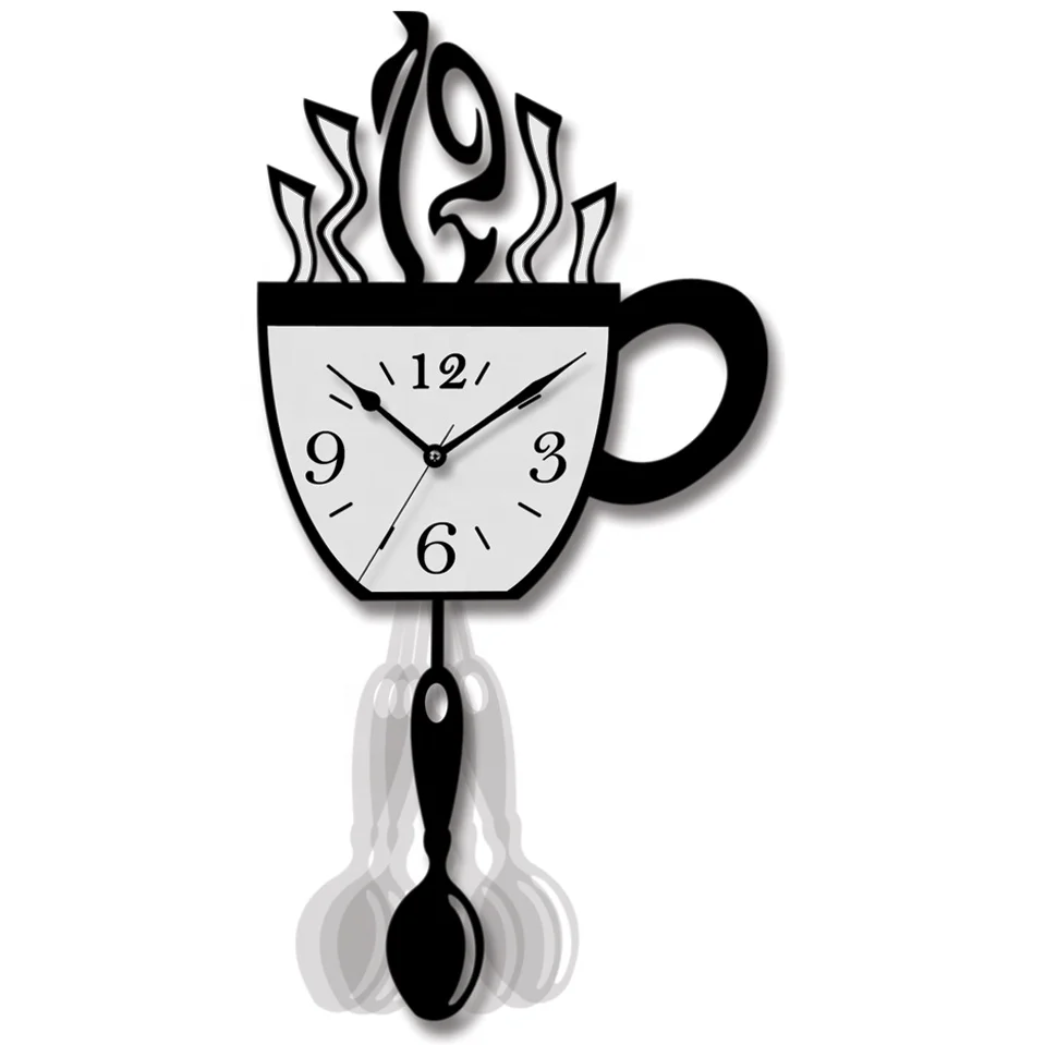 Funny Novelty Black Coffee Cup Wall Clock Quartz Pendulum Design MDF Material Traditional Art Style Bedroom Kitchen Cafe Decor