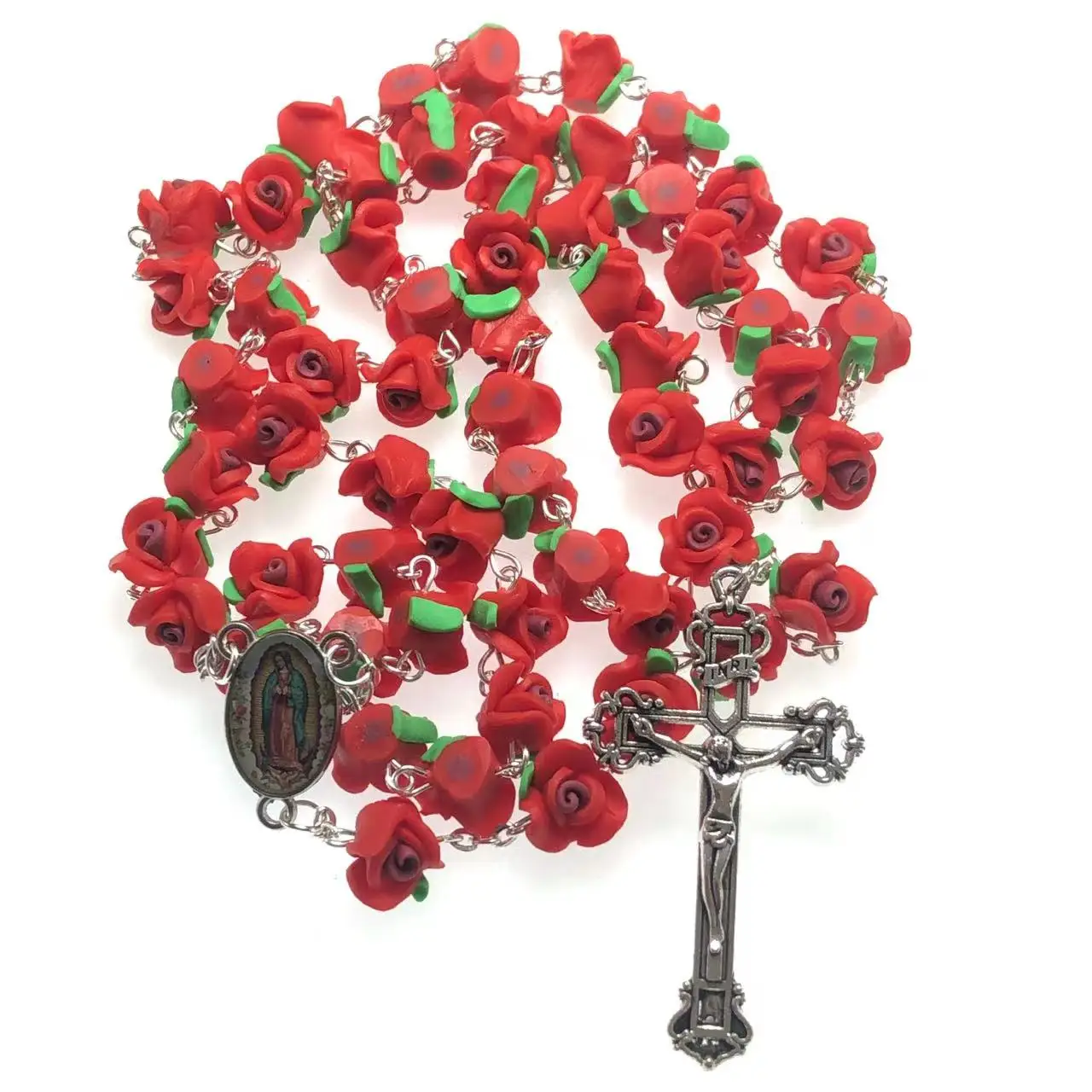 Red soft ceramic rose beads rosary polymer clay necklace with Jesus cross Virgin Guadalupe rosary center