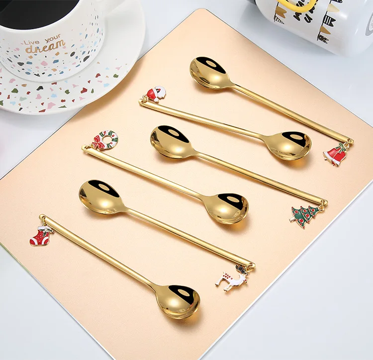 Christmas gold gift tea spoon and fork set coffee spoon stainless steel