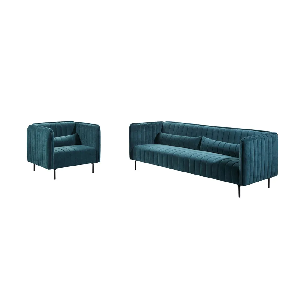 Modern Simple Design Hotel Custom Knockdown Upholstered Blue Fabric Leisure Velvet Chesterfield Sofa 2 Seater Apartment