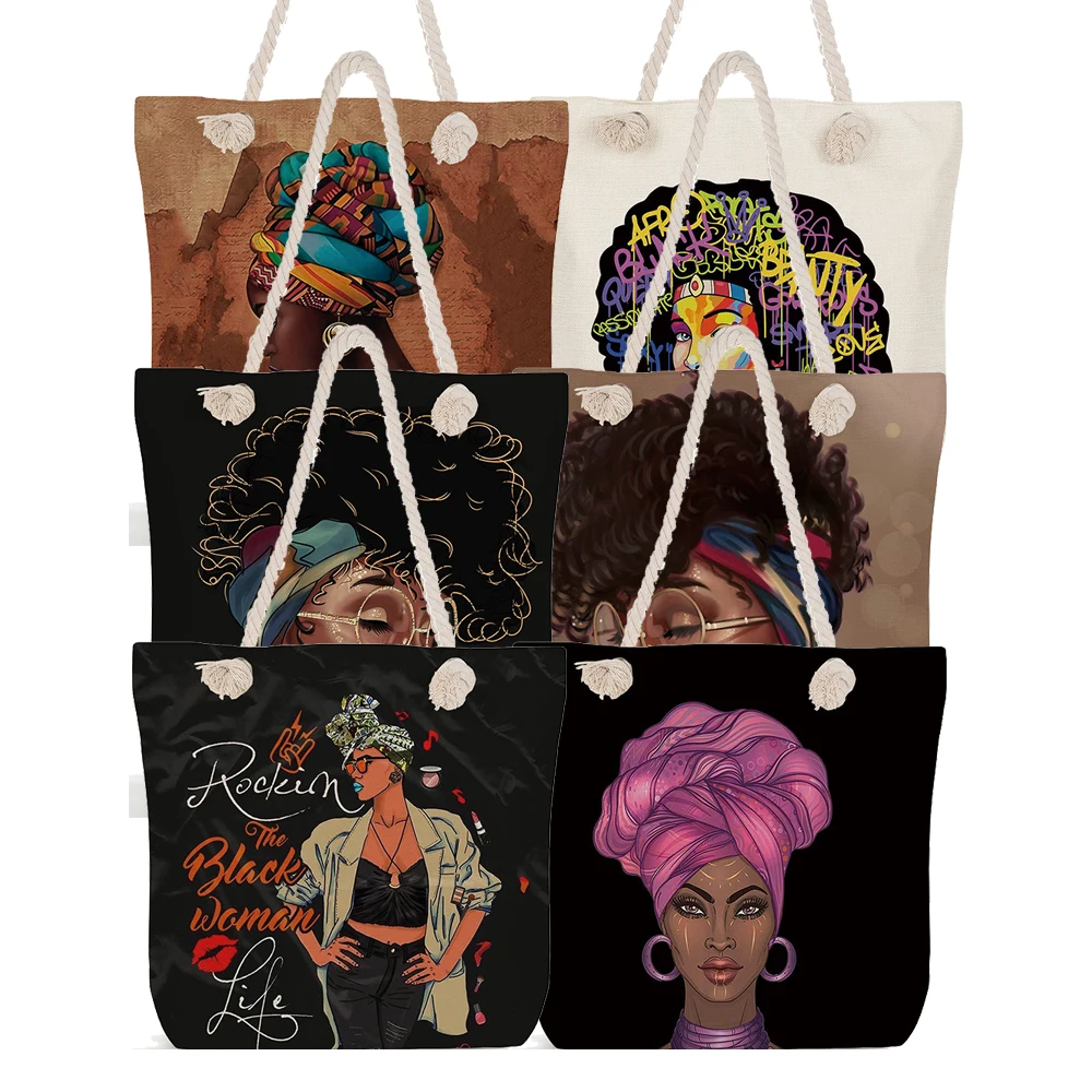 2024 fashion african black women art printed canvas shoulder handbag tote bags with zipper inner pocket
