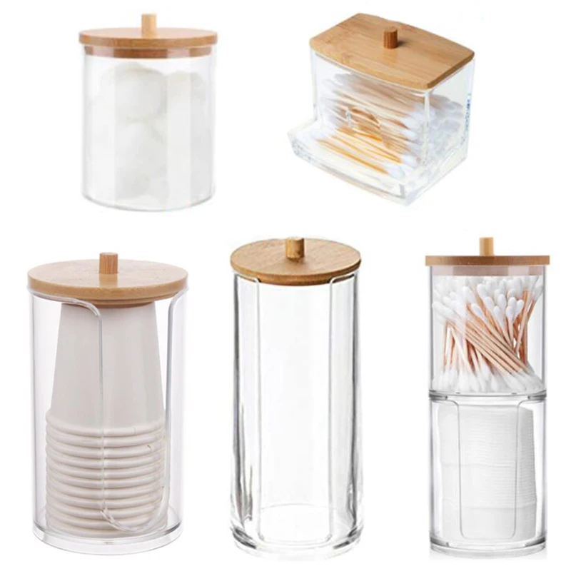 Acrylic Storage Box Bathroom Jar Makeup Organizer Cotton Round Pad Holder Cotton Swab Box Holder Dispenser with Bamboo Lid
