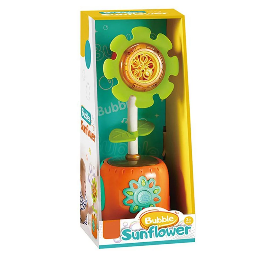 Kids Electric Bubble Maker Blow Plastic Bubble Toy Sunflower Shape Colorful Light Music Bubble Machine with Refill Solution 40ml