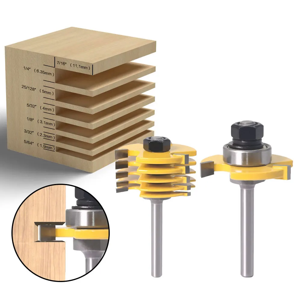 ALPHA 2PCS Set 1/4 Inch Shank 3 Teeth-6 Cutting Width Ajustable CNC Slot Cutter Router Bit Set With Bearings