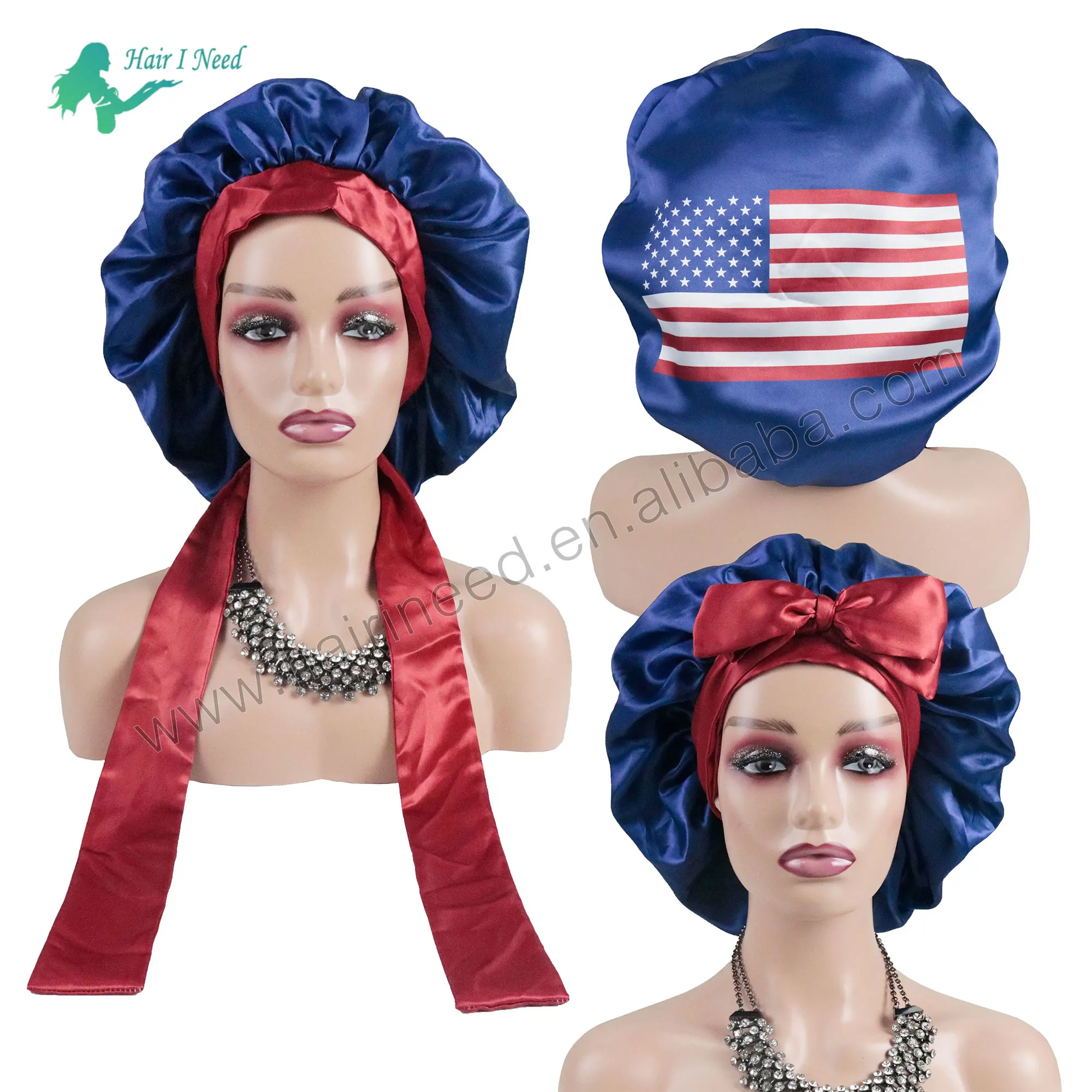 Custom logo Quality Satin Printed Hair Sleeping Bonnets Braid Flag logo Bonnets Satin Bonnets for Women