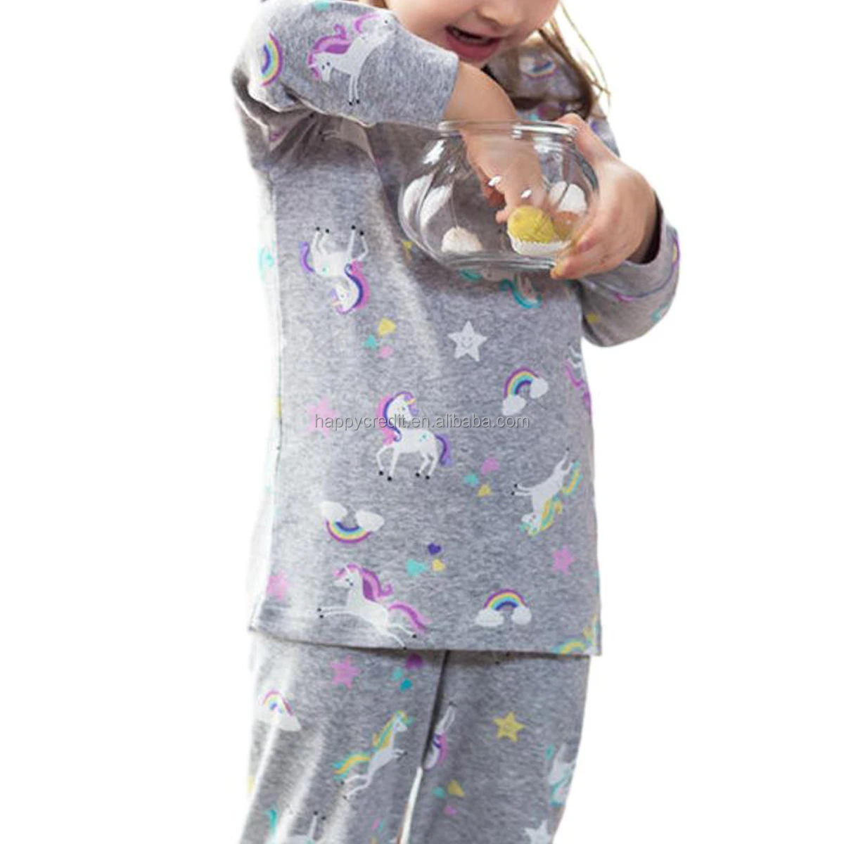 Hot selling cute long sleeve cartoon full printed kids pajamas set girls sleepwear set