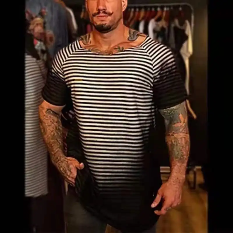 
2021 Cross-Border AliExpress Amazon Summer European And American Hot Style Striped Casual Short-Sleeved Slim-Fitting T-Shirt Men 
