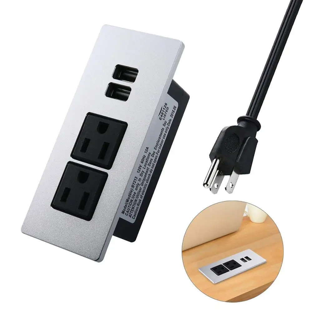 
BY213 US/Canada plug power outlets strip sockets for table top desktop headboard furniture with USB charger 