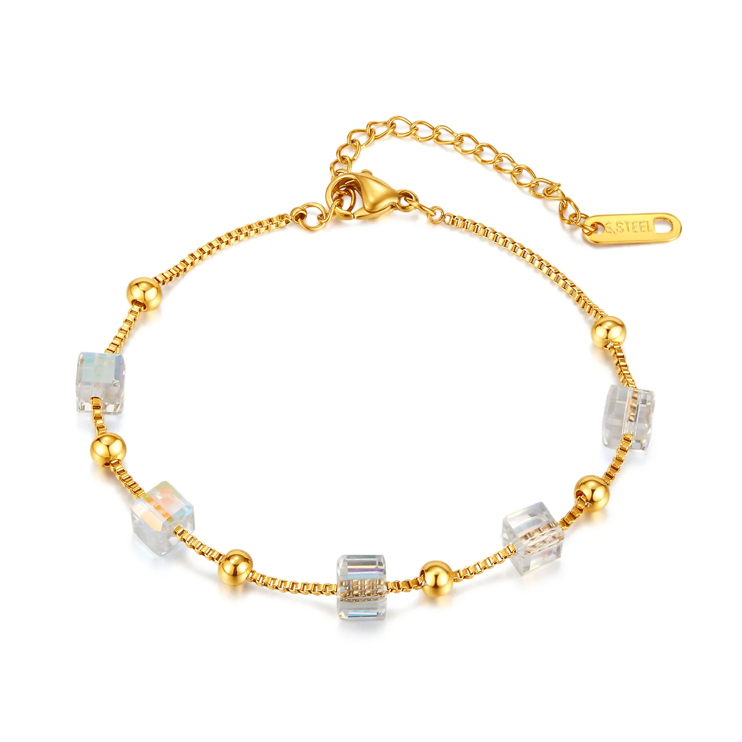 Fashion Square Crystal Charm Stainless Steel Stainless Steel Crystal Beads Heart Adjustable Chain Bracelet