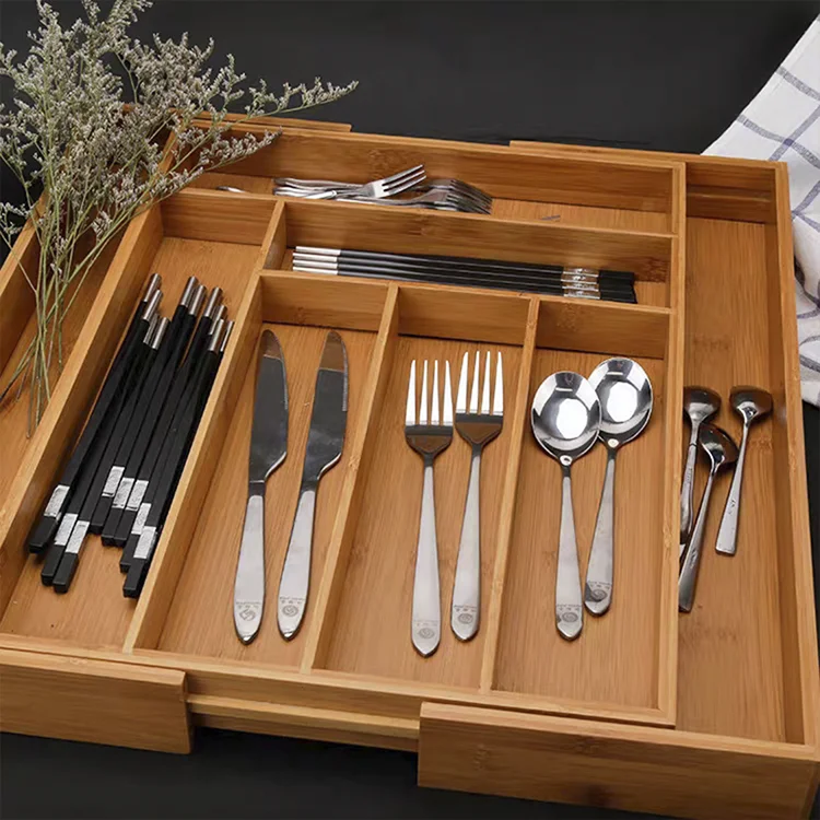 K & B Kitchen Adjustable Expandable Bamboo Cutlery Tray Drawer Organizer