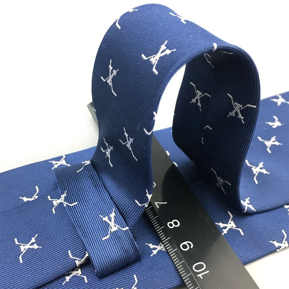 Handmade Mens Crossed Ice Hockey Sticks Custom Jacquard Woven Fabric Blue Twill Sports Theme Silk Tie with Embroidered Patterns