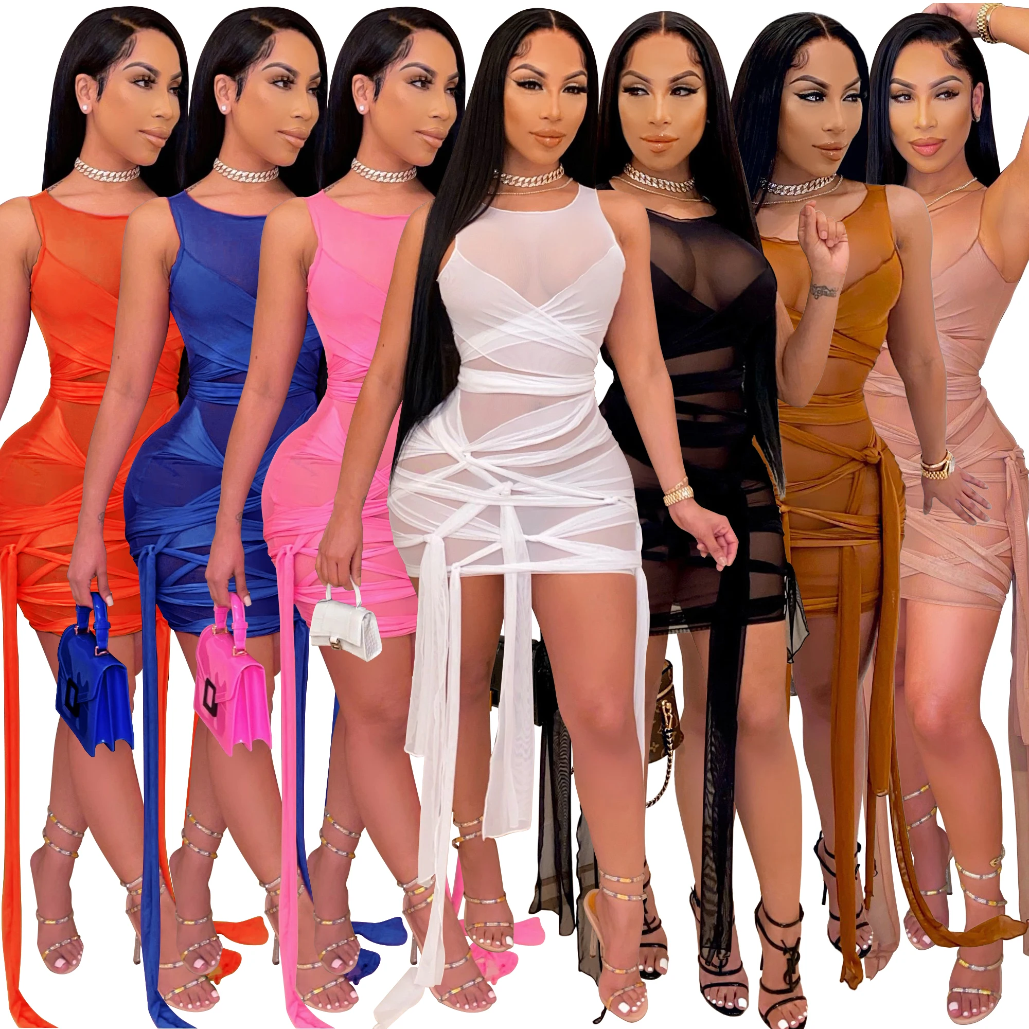 
S&P Summer New Hot Style Fashion Sleeveless Tight Binding High Stretch Sexy Mesh Beach Dress 