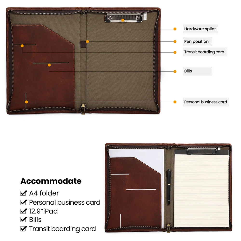 Business Genuine Leather A4 Conference File Folder Document Holder Organizer Bag Zipper Portfolio Folder for 12.9 inch Ipad