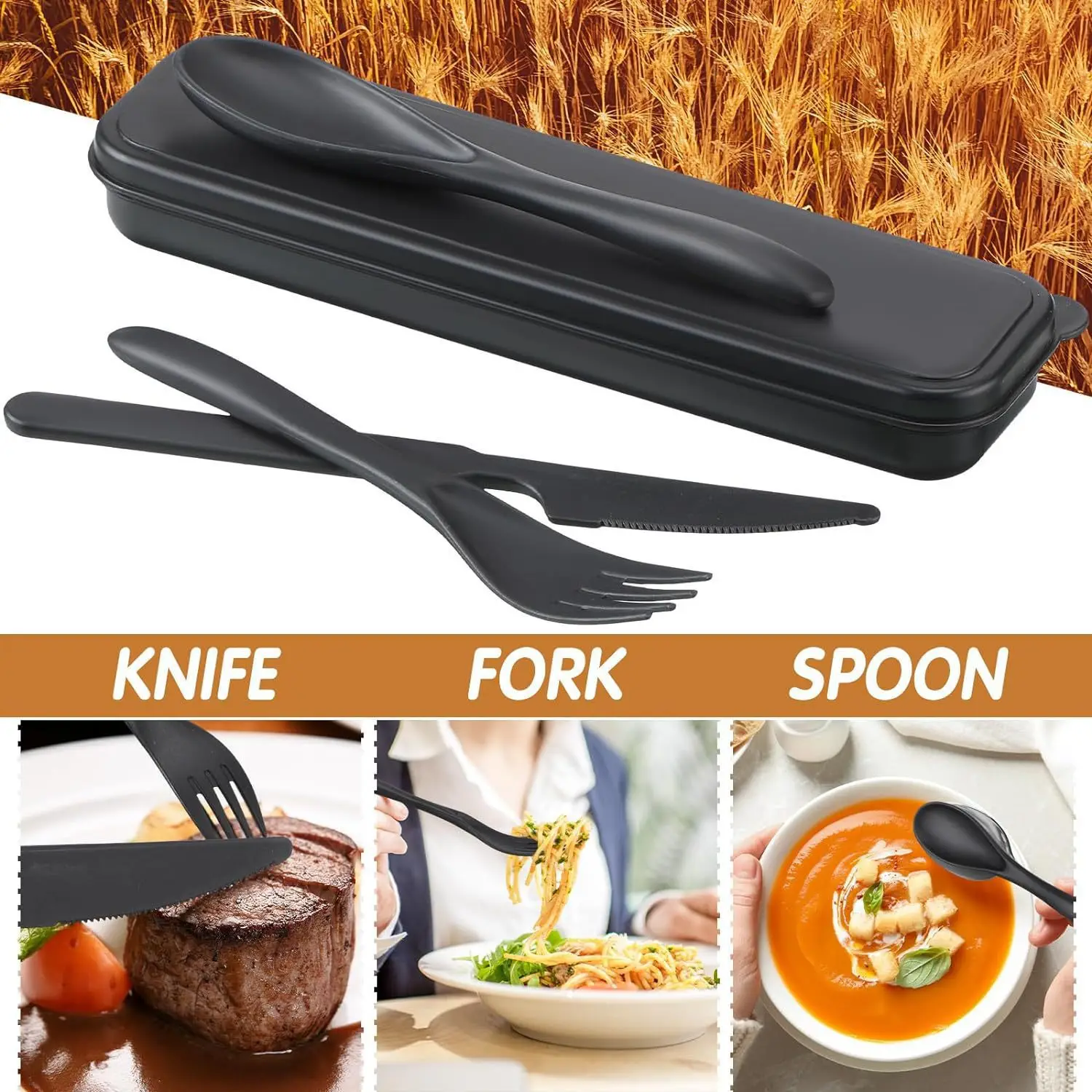 Wheat tableware three-piece portable tableware wheat straw knife, fork and spoon tableware gift suit Black
