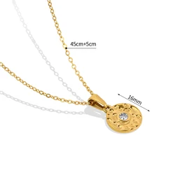 Vintage Jewelry Unique Crystal Gold Sunburst Coin Pendant Necklace Stainless Steel Double Side Cz Hammered Texture Necklace