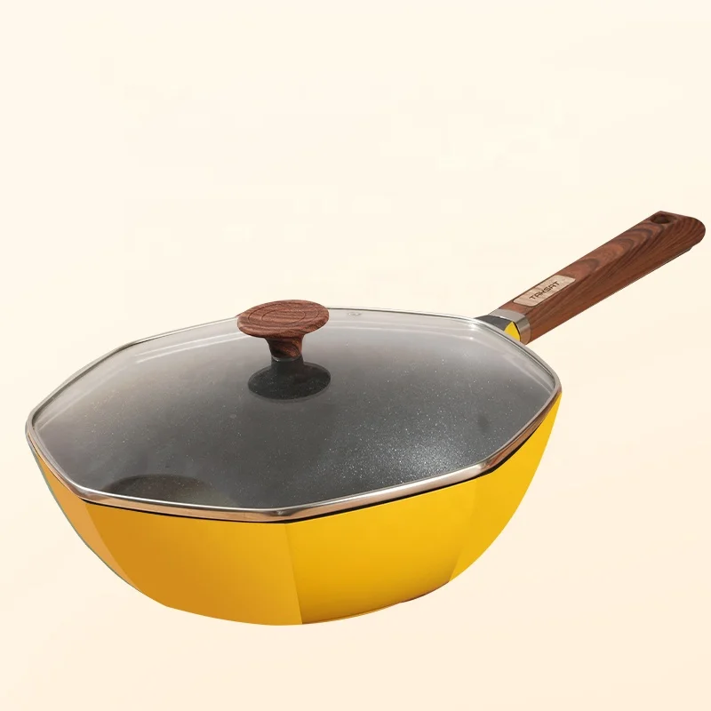 30cm Yellow Star Anise Wok Large Capacity Lightweight Octagonal Nonstick Aluminium Saute Pans