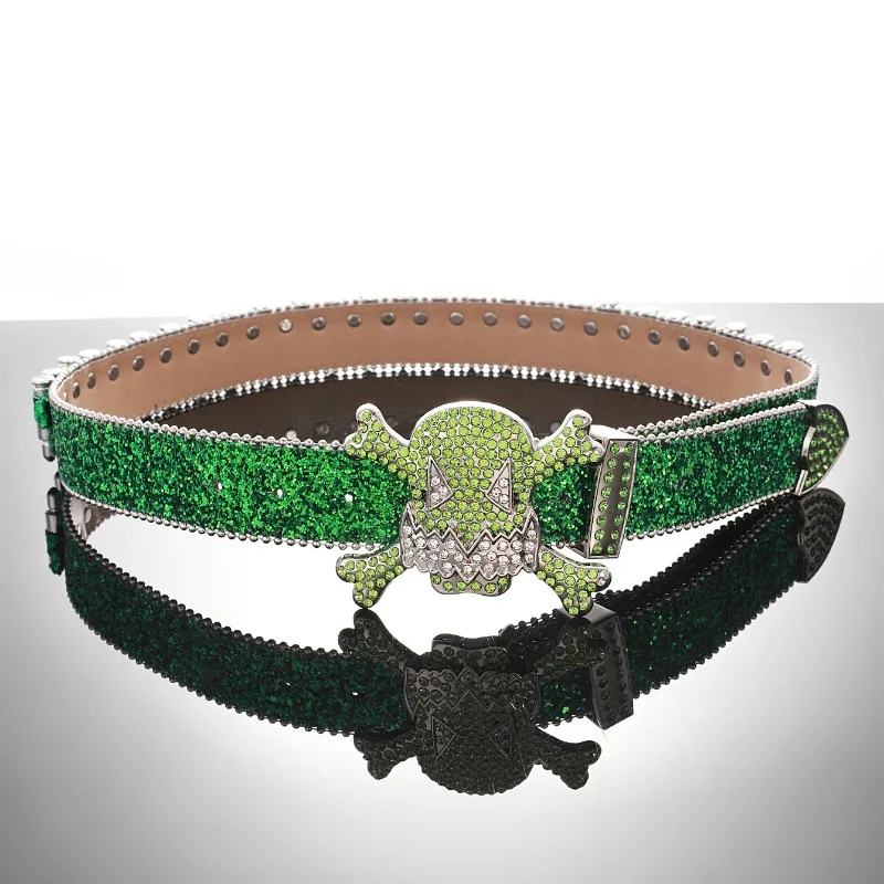 Halloween PU leather studded rivet black skull belt designer shiny punk heavy duty studded bullet rhinestone belts for cowboys