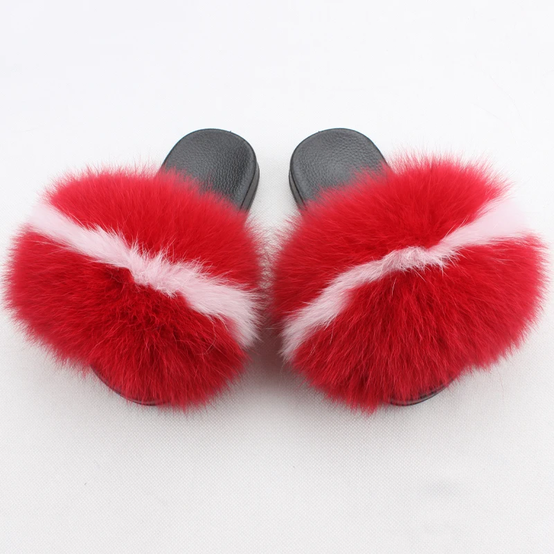 
Fluffy Designers Kid Fur Slippers Custom Baby Fox Fur Shoes Kids Fur Slides Red Stripe 