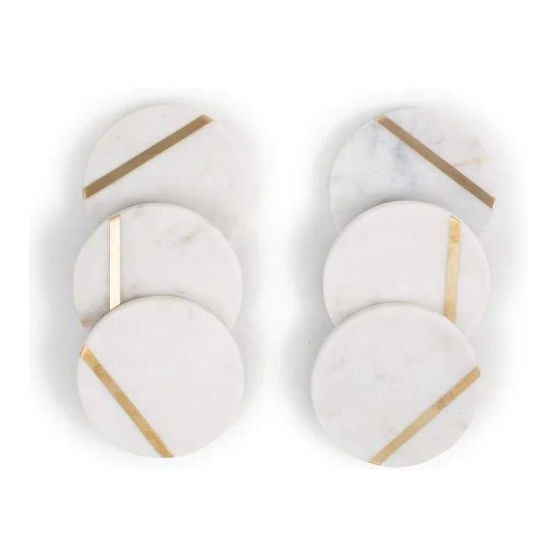 Marble Coaster 10cm  Wide Drink Coasters - White Marble Coasters with Gold Brass Inlay set of 6